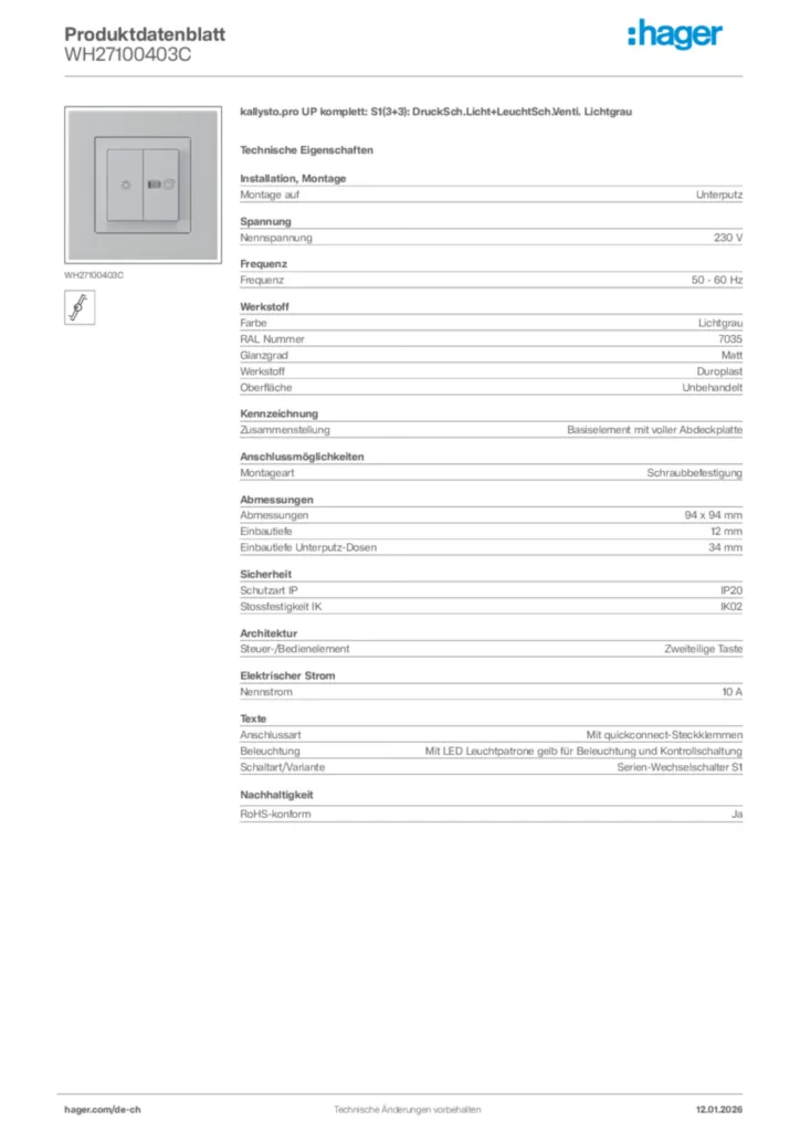 Bild Hager Produktdatenblatt WH27100403C | Hager Schweiz