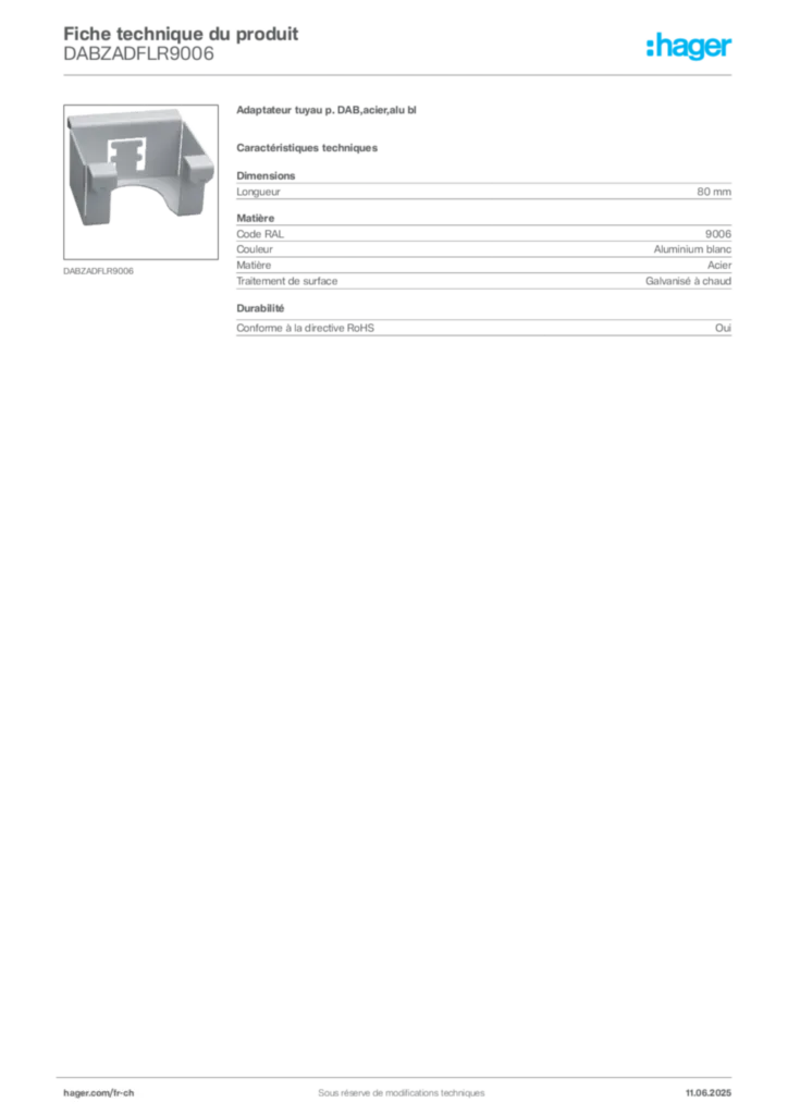 Image Hager Fiche technique du produit DABZADFLR9006 | Hager Suisse