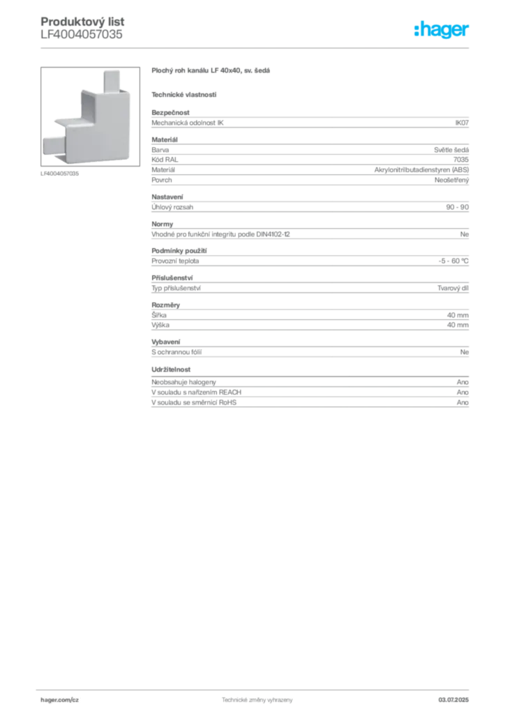 Obrázek Hager Produktový list LF4004057035 | Hager