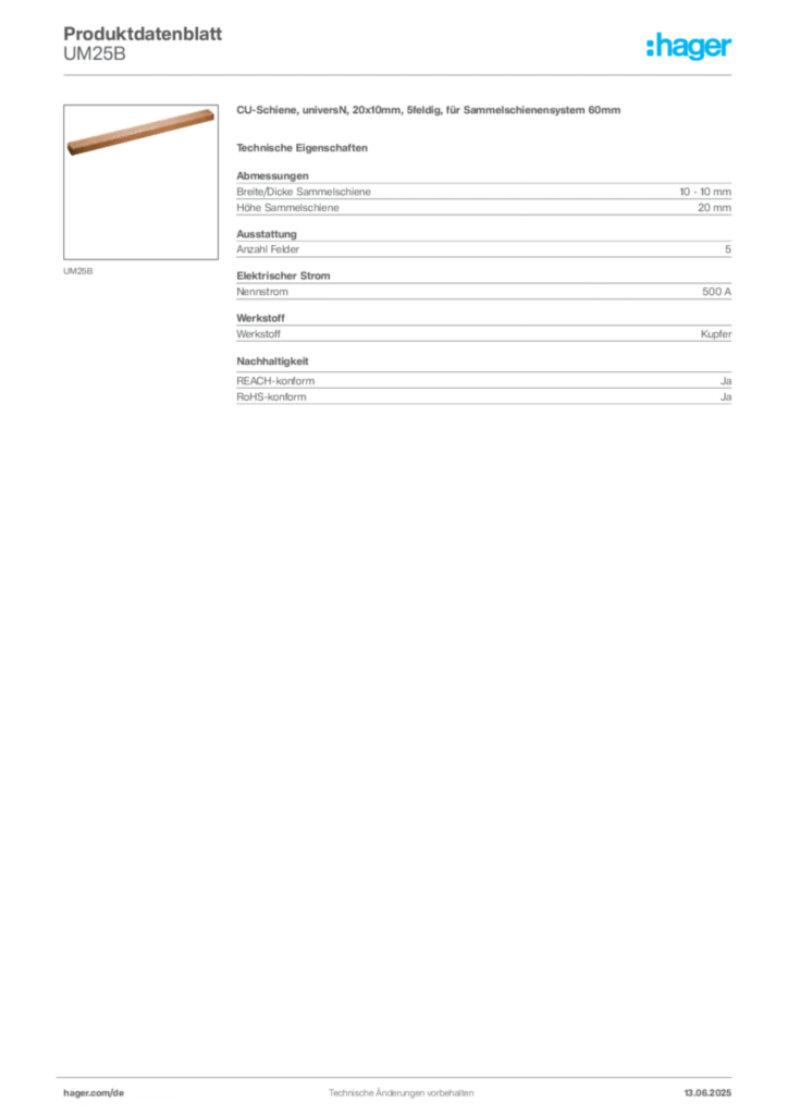 Hager Produktdatenblatt UM25B