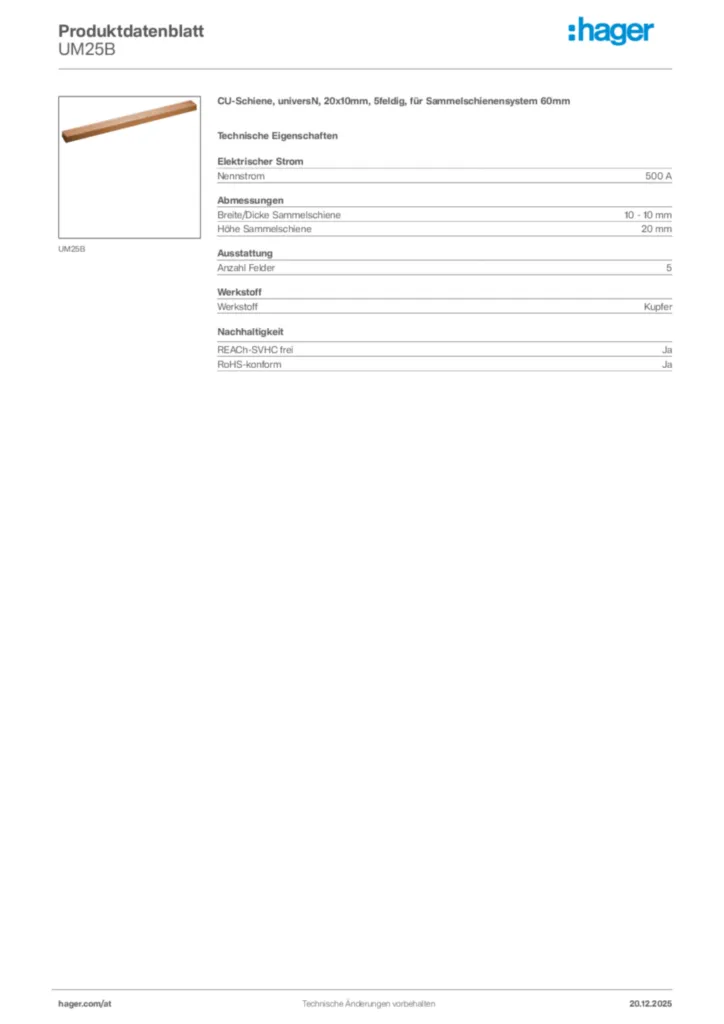 Bild Hager Produktdatenblatt UM25B | Hager Deutschland