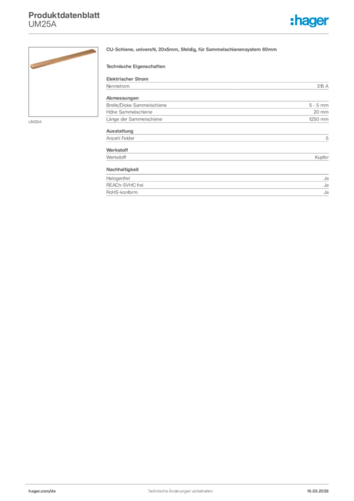 Bild Hager Produktdatenblatt UM25A | Hager Deutschland