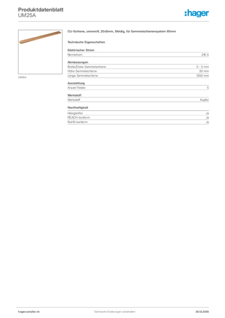 Bild Hager Produktdatenblatt UM25A | Hager Schweiz