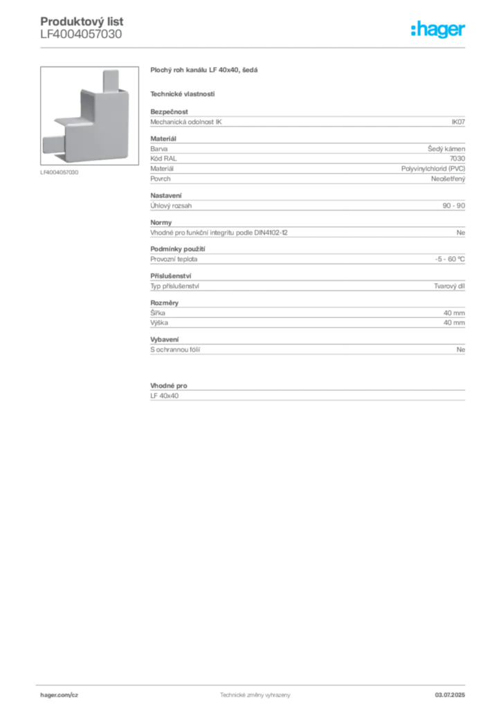 Obrázek Hager Produktový list LF4004057030 | Hager