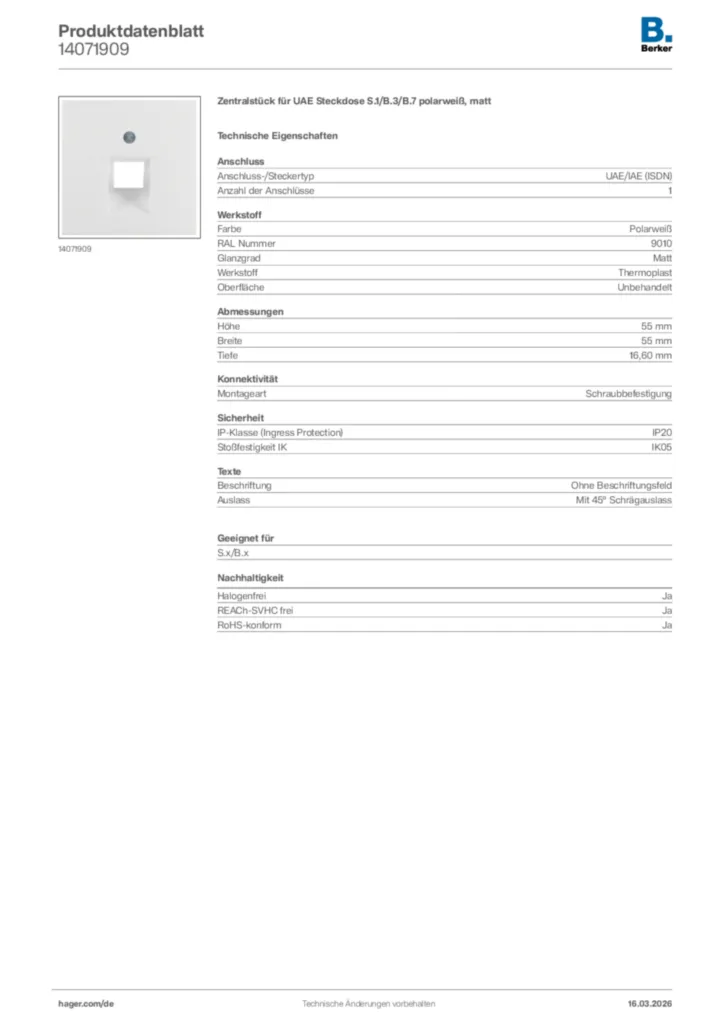 Bild Berker Produktdatenblatt 14071909 | Hager Deutschland