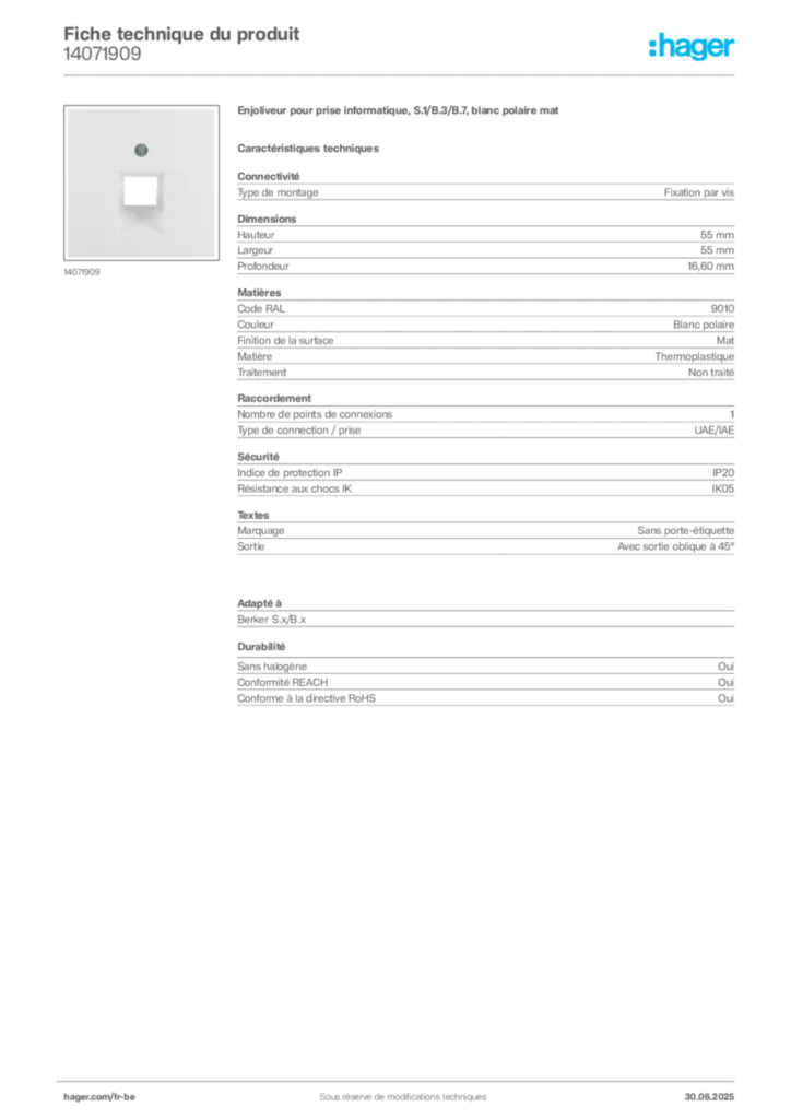 Image Hager Fiche technique du produit 14071909 | Hager Belgique