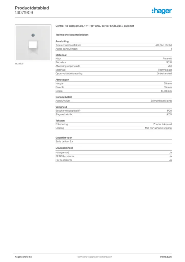 Afbeelding Hager Productdatablad 14071909 | Hager Belgium
