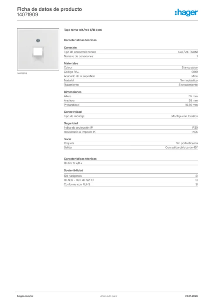 Imagen Hager Ficha de datos de producto 14071909 | Hager España