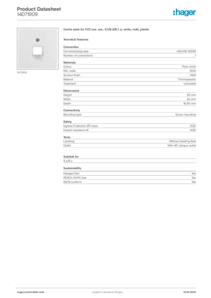 Image Hager Product data sheet 14071909  | Hager