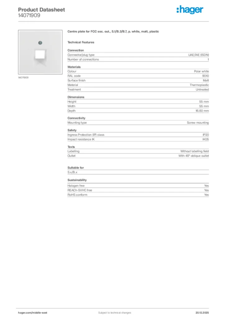 Image Hager Product data sheet 14071909  | Hager