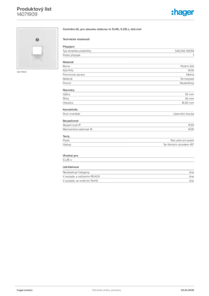 Obrázek Hager Product data sheet 14071909 | Hager