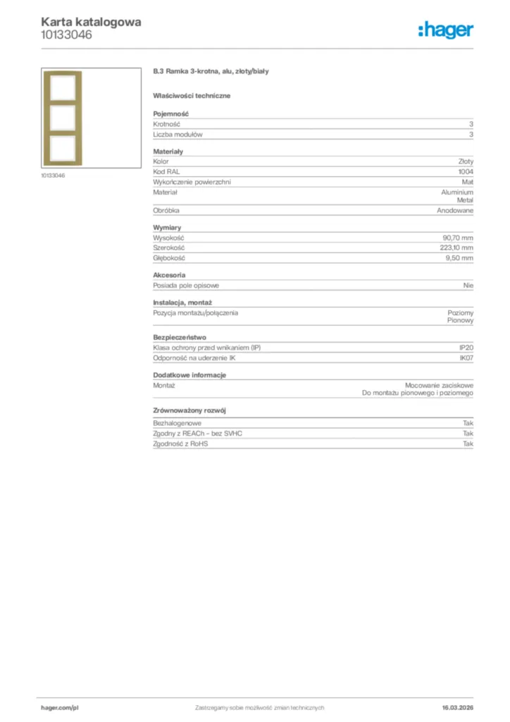 Zdjęcie Hager Karta katalogowa 10133046 | Hager Polska