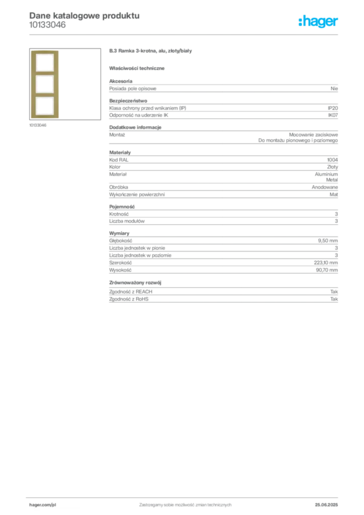 Zdjęcie Hager Karta katalogowa 10133046 | Hager Polska