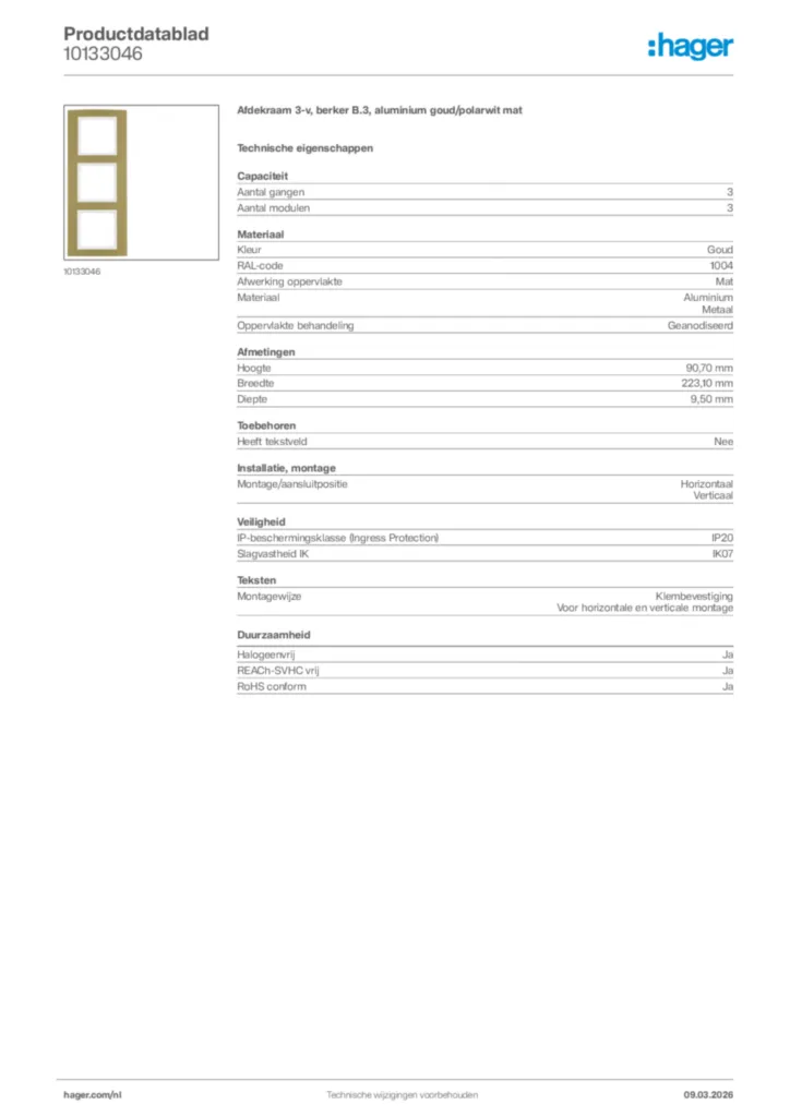 Afbeelding Hager Productdatablad 10133046 | Hager Nederland