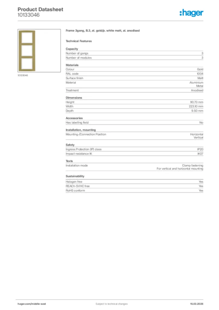 Image Hager Product data sheet 10133046  | Hager