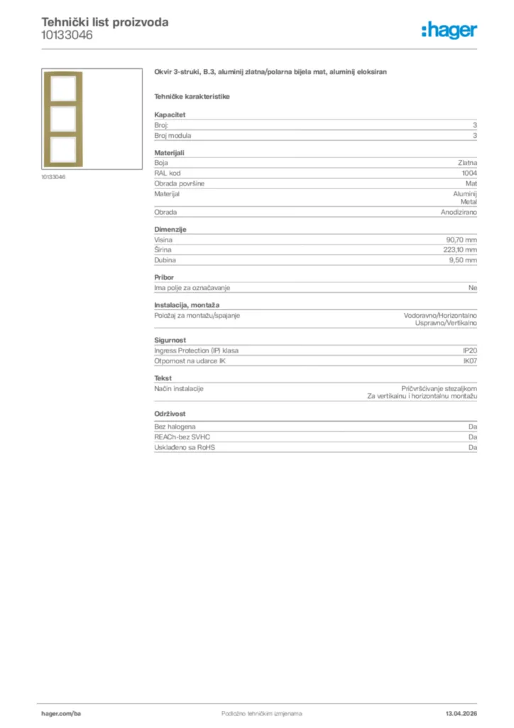 Slika Hager Tehnički list proizvoda 10133046  | Hager