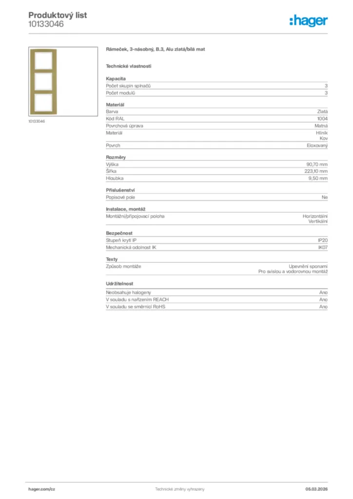 Obrázek Hager Product data sheet 10133046 | Hager