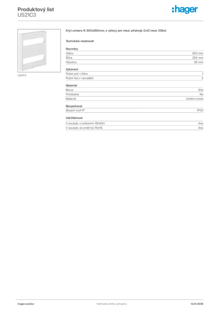 Obrázek Hager Product data sheet US21C3 | Hager
