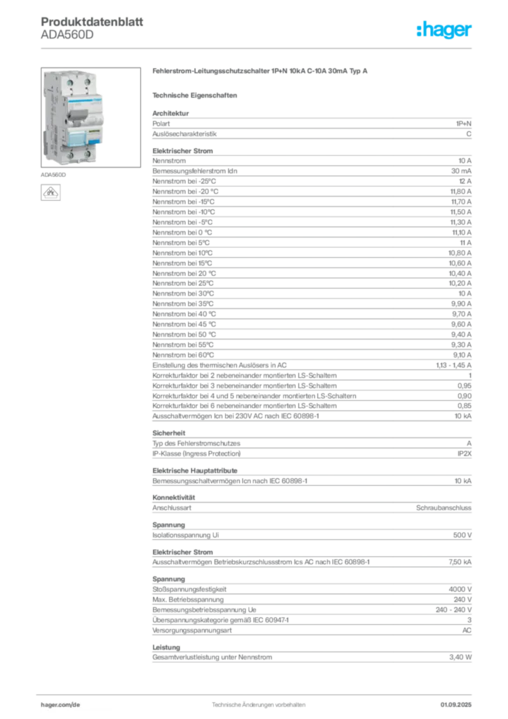 Hager Produktdatenblatt ADA560D