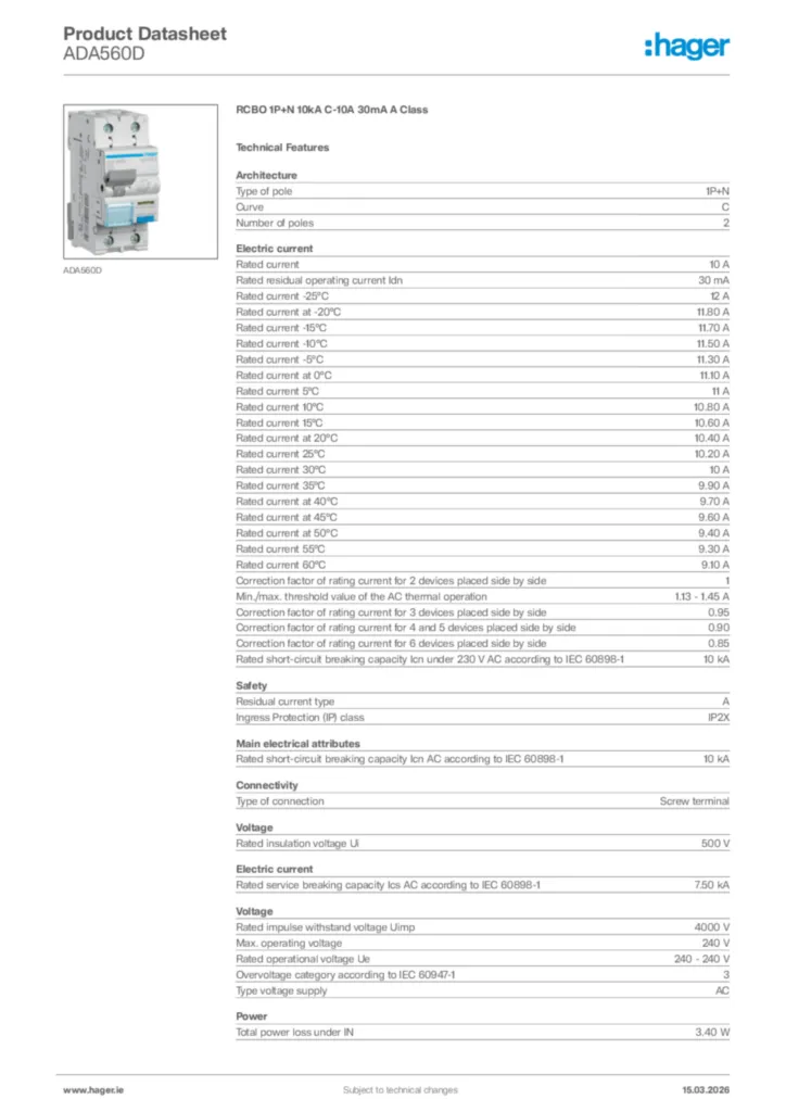 Image Hager Product data sheet ADA560D  | Hager