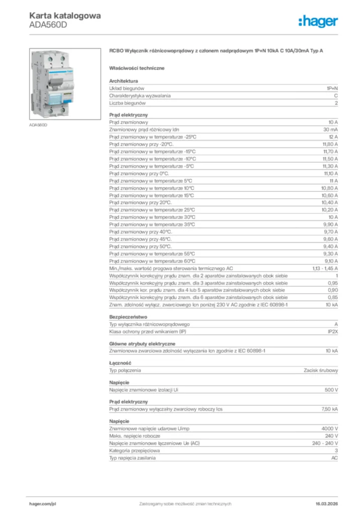Zdjęcie Hager Karta katalogowa ADA560D | Hager Polska