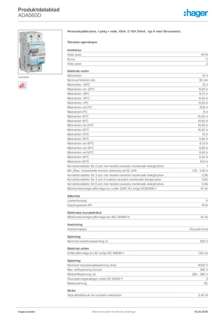 Bild Hager Produktdatablad ADA560D | Hager Sverige