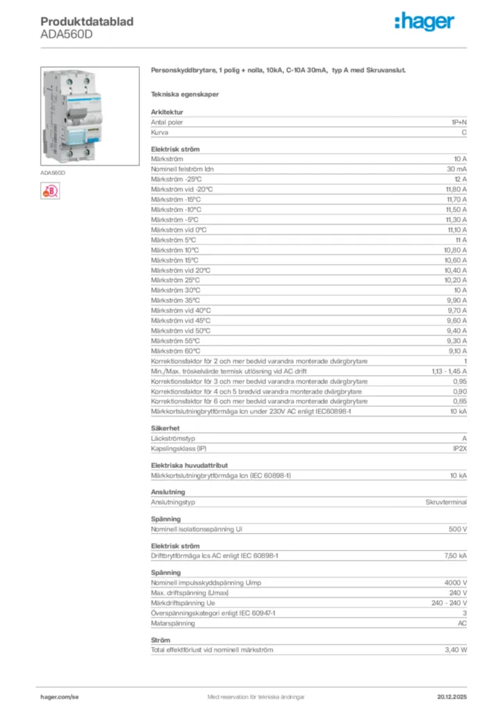 Bild Hager Produktdatablad ADA560D | Hager Sverige