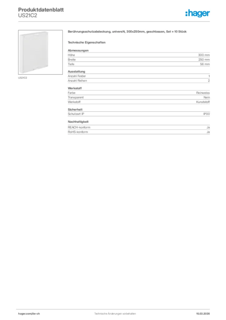Bild Hager Produktdatenblatt US21C2 | Hager Schweiz