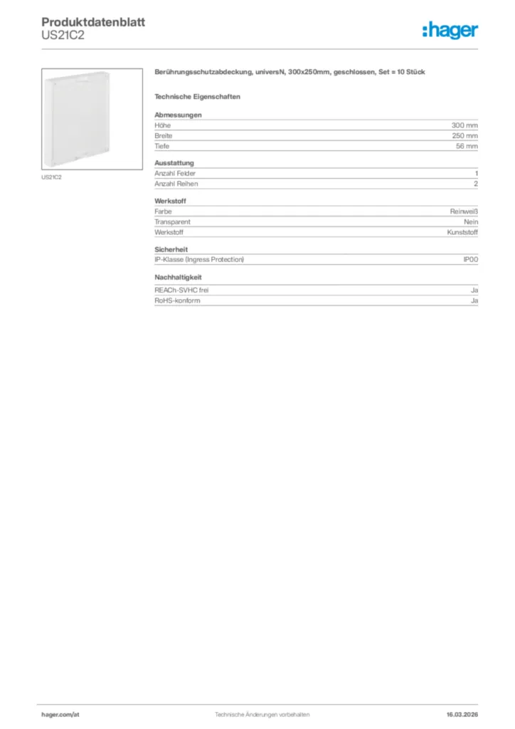 Bild Hager Produktdatenblatt US21C2 | Hager Deutschland