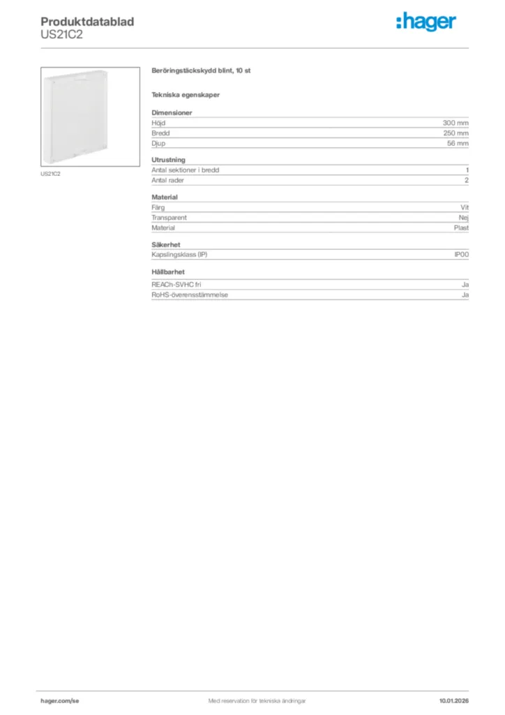 Bild Hager Produktdatablad US21C2 | Hager Sverige