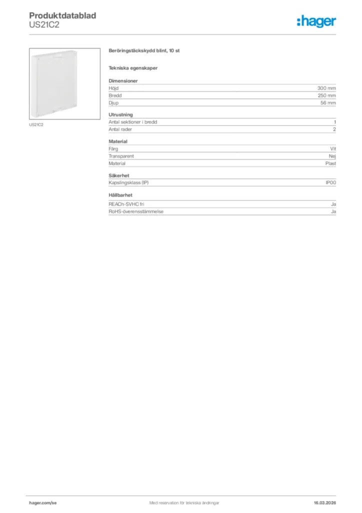 Bild Hager Produktdatablad US21C2 | Hager Sverige