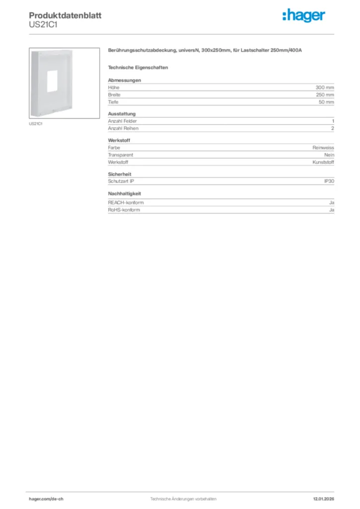 Bild Hager Produktdatenblatt US21C1 | Hager Schweiz