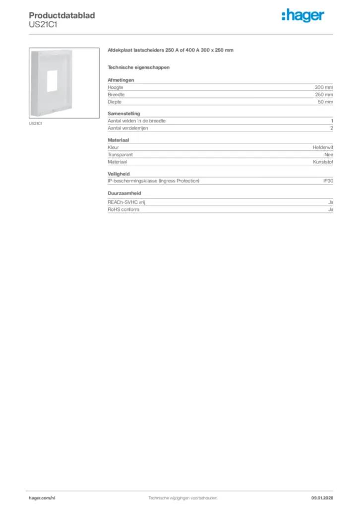 Afbeelding Hager Productdatablad US21C1 | Hager Nederland