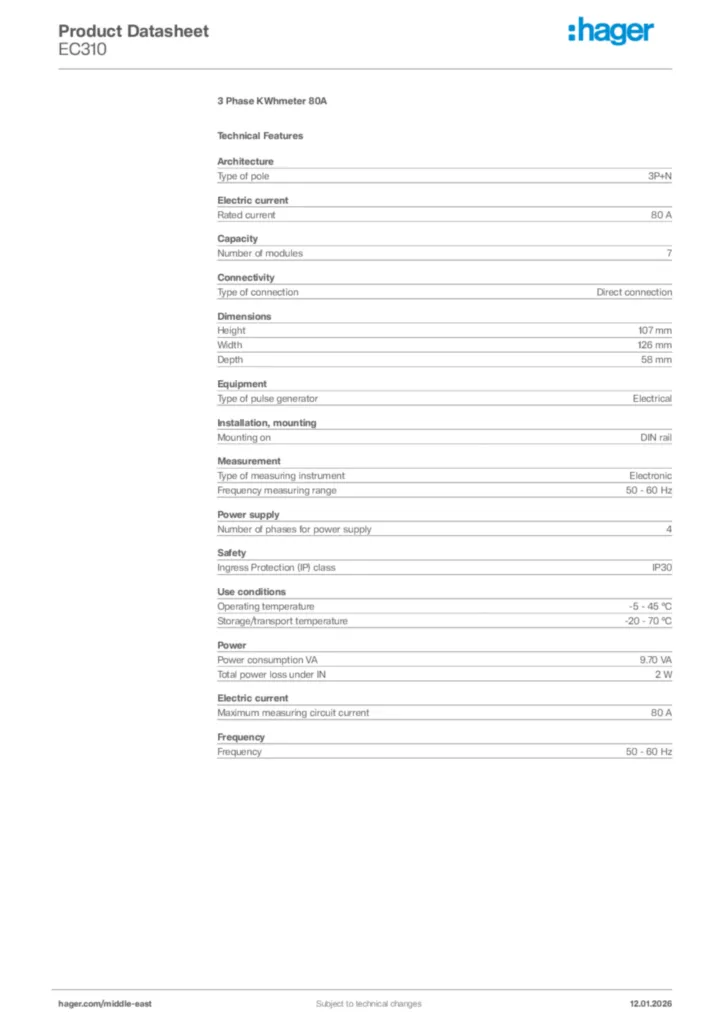 Image Hager Product data sheet EC310  | Hager