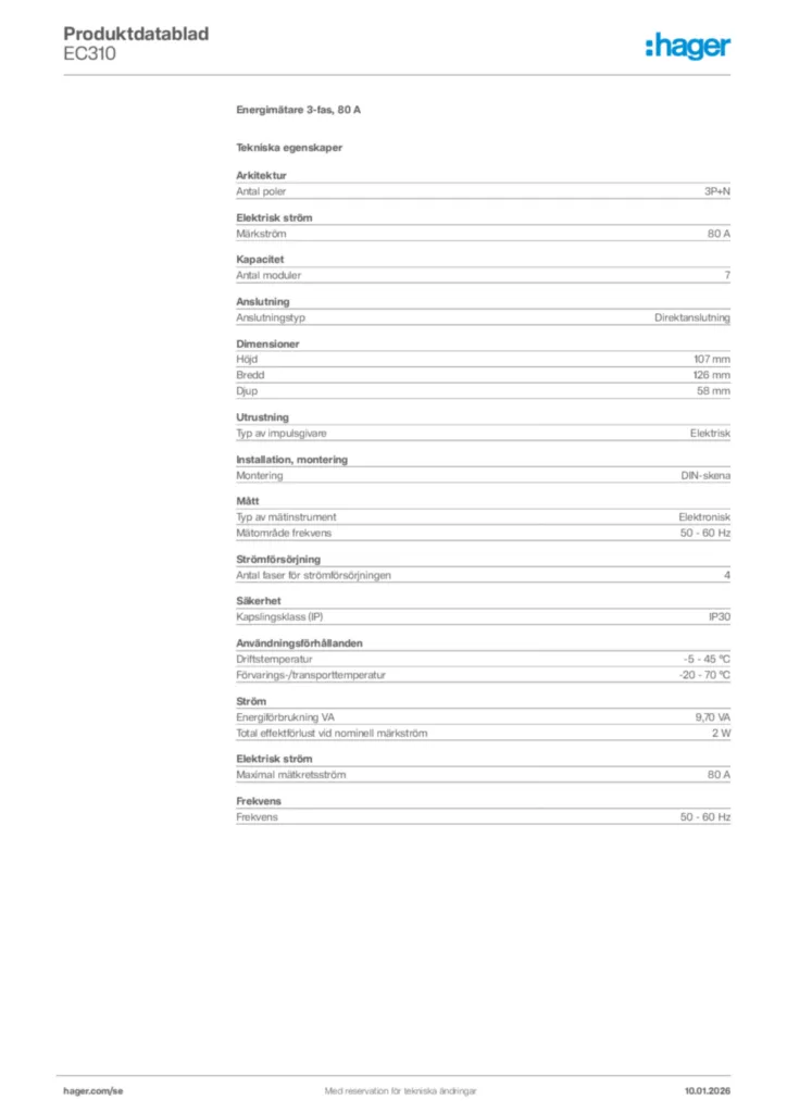Bild Hager Produktdatablad EC310 | Hager Sverige