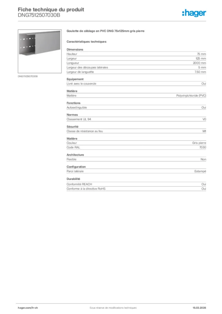 Image Hager Fiche technique du produit DNG7512507030B | Hager Suisse