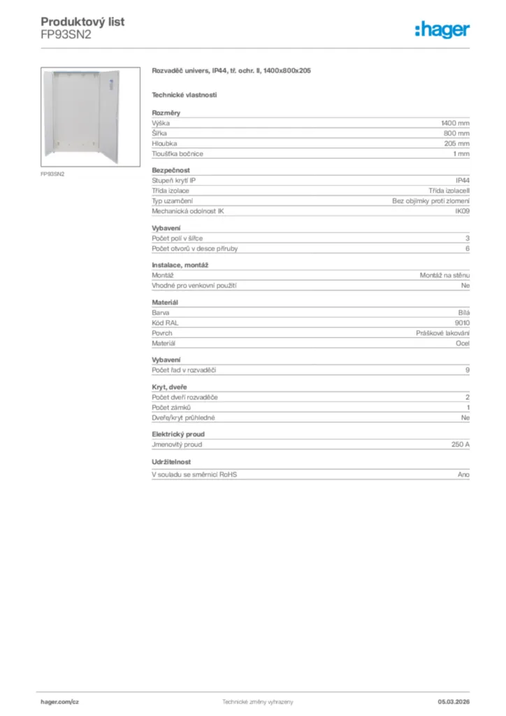 Obrázek Hager Product data sheet FP93SN2 | Hager
