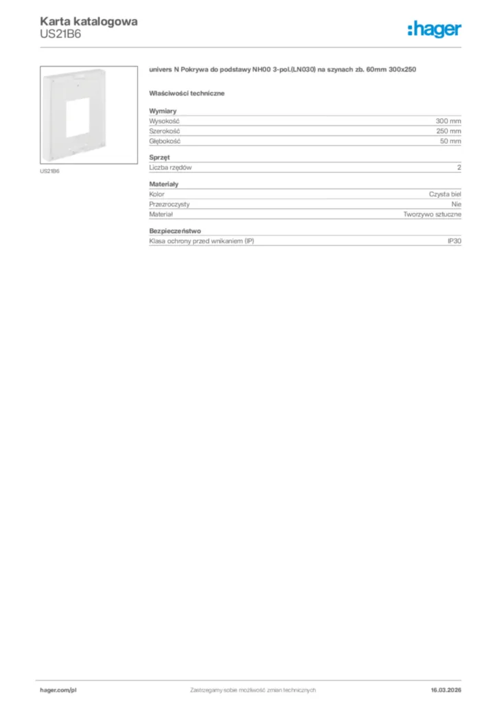 Zdjęcie Hager Karta katalogowa US21B6 | Hager Polska