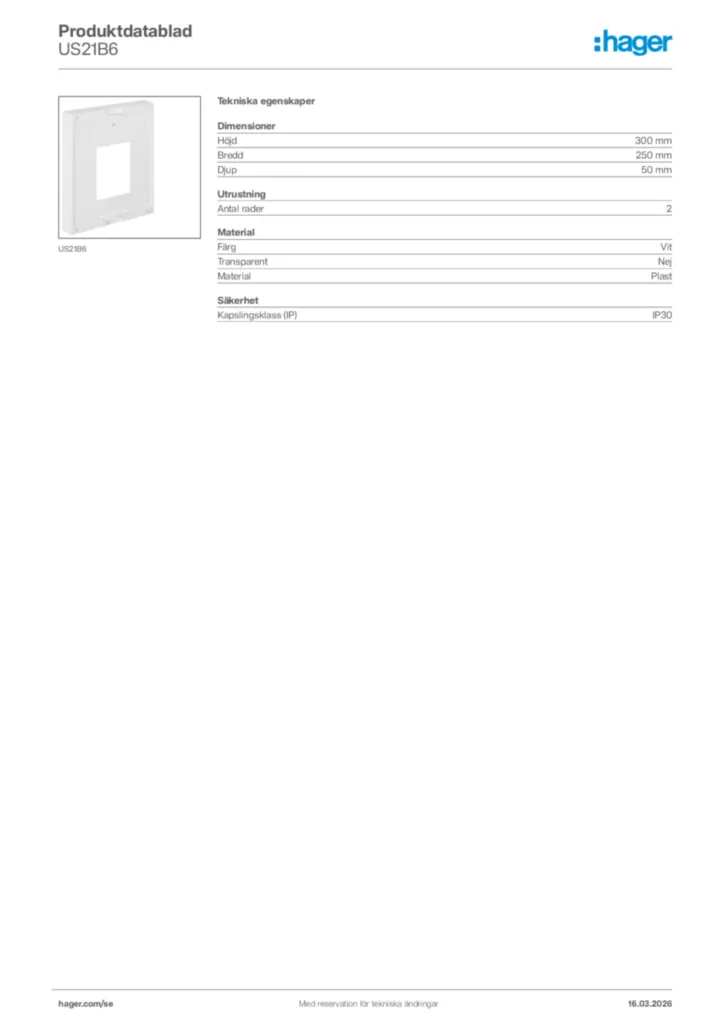 Bild Hager Produktdatablad US21B6 | Hager Sverige