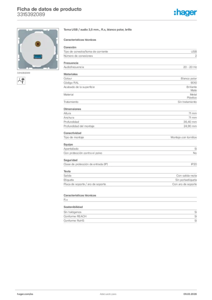 Imagen Hager Ficha de datos de producto 3315392089 | Hager España
