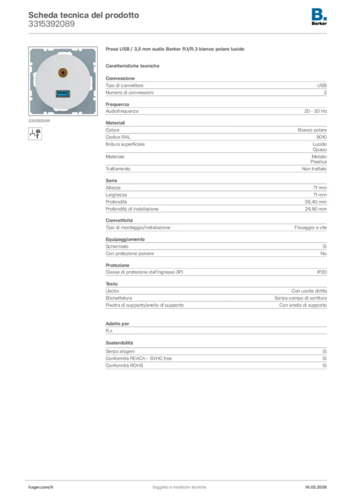 Immagine Berker Scheda tecnica del prodotto 3315392089 | Hager Italia