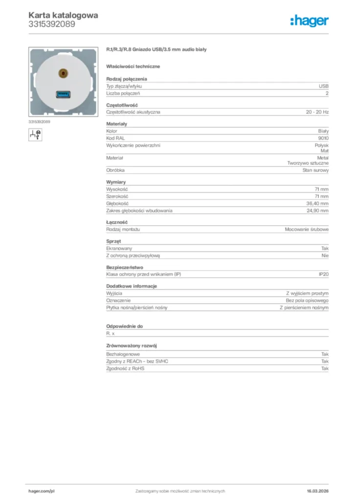 Zdjęcie Hager Karta katalogowa 3315392089 | Hager Polska