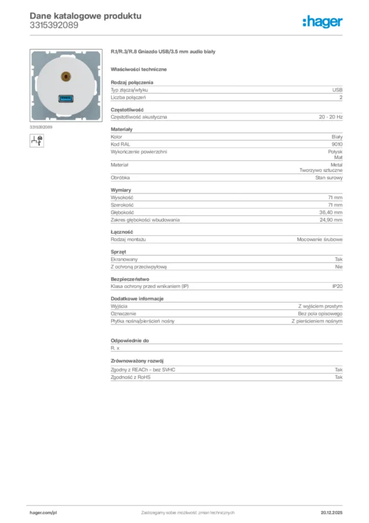 Zdjęcie Hager Karta katalogowa 3315392089 | Hager Polska