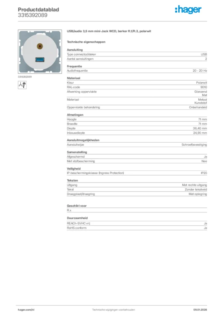 Afbeelding Hager Productdatablad 3315392089 | Hager Nederland