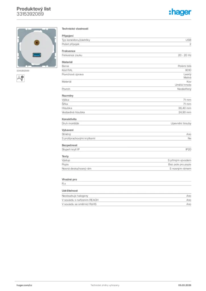 Obrázek Hager Product data sheet 3315392089 | Hager