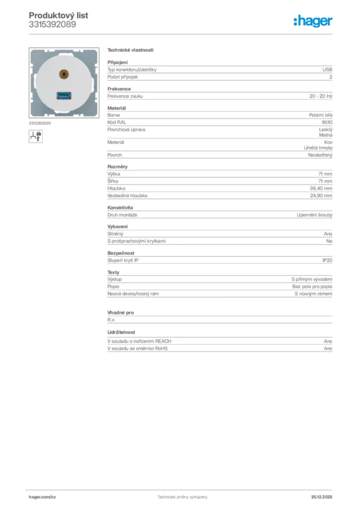 Obrázek Hager Produktový list 3315392089 | Hager