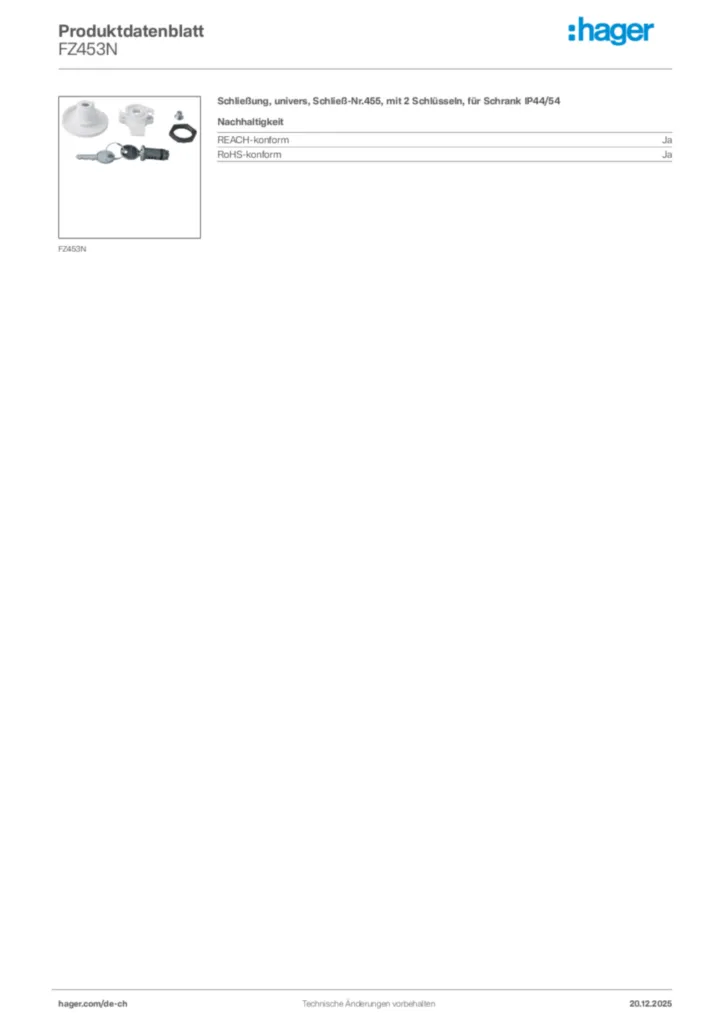 Bild Hager Produktdatenblatt FZ453N | Hager Schweiz