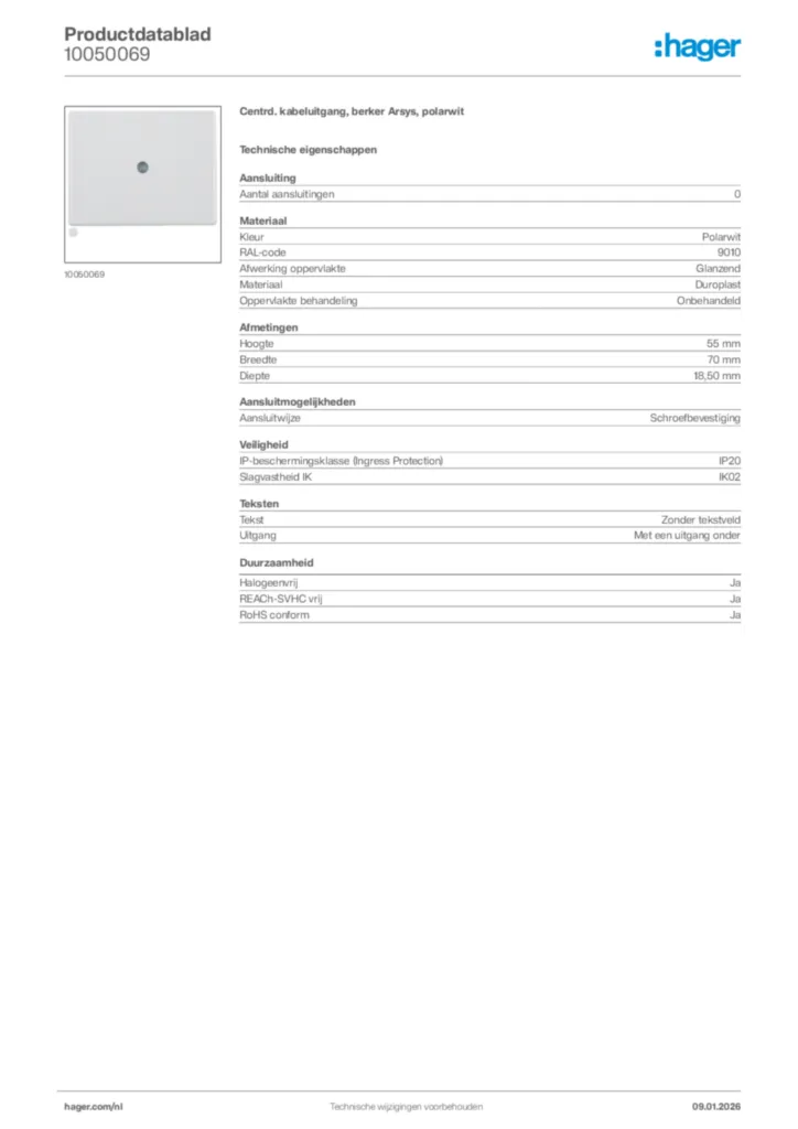 Afbeelding Hager Productdatablad 10050069 | Hager Nederland