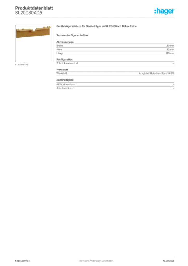Bild Hager Produktdatenblatt SL20080AD5 | Hager Deutschland