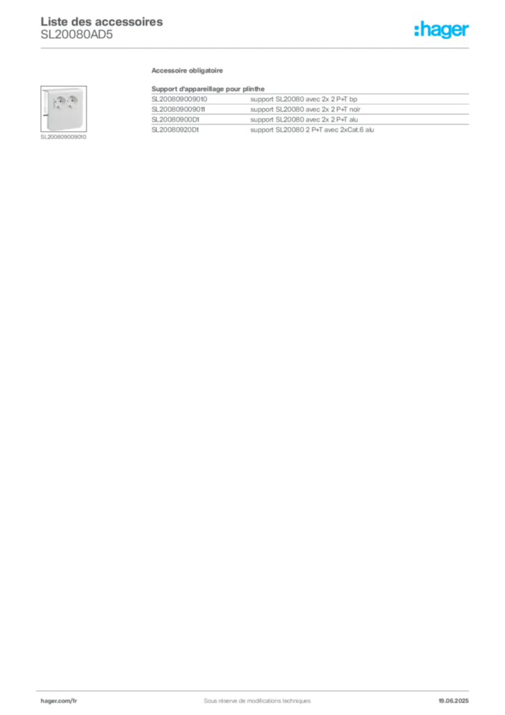 Image Hager Fiche technique du produit SL20080AD5 | Hager France
